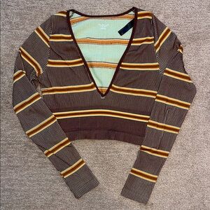 Urban Outfitters Brown and Yellow Striped V-Neck Blouse